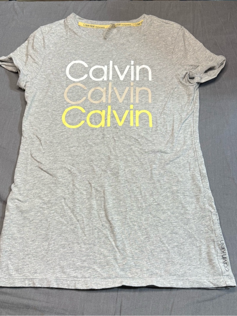 Calvin Klein Gray Short Sleeve Tee with White, Beige & Yellow Logo